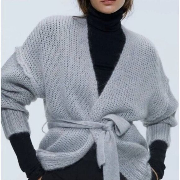 Zara Cardigan Sweater Womens Medium Gray Chunky Open Front Mohair Wool Classic - Picture 5 of 8